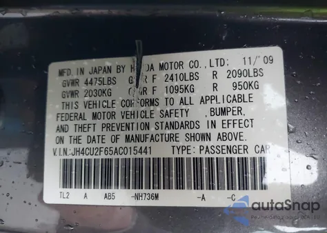 2010 Acura Tsx 2.4 из США, поврежденный, VIN JH4CU2F65AC015441